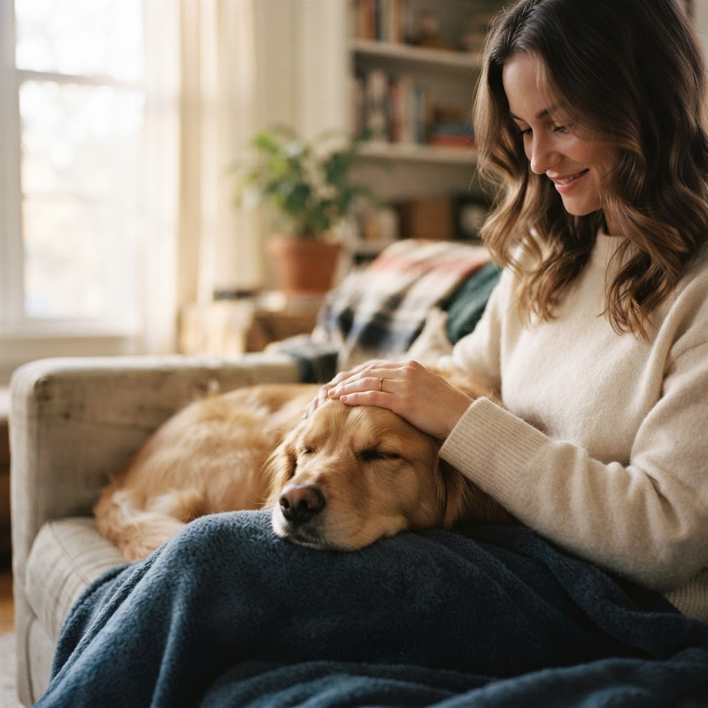 A person and their dog sharing a quiet moment together at home