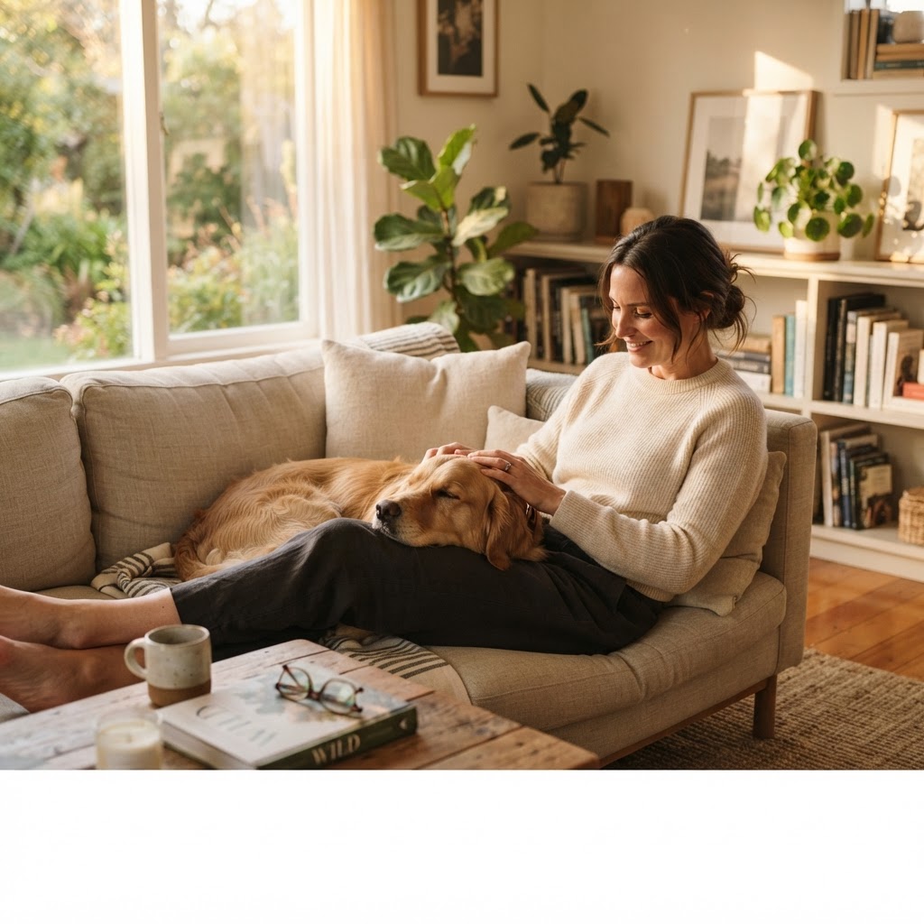 A dog resting its head on its person's lap on the sofa in the warm afternoon light