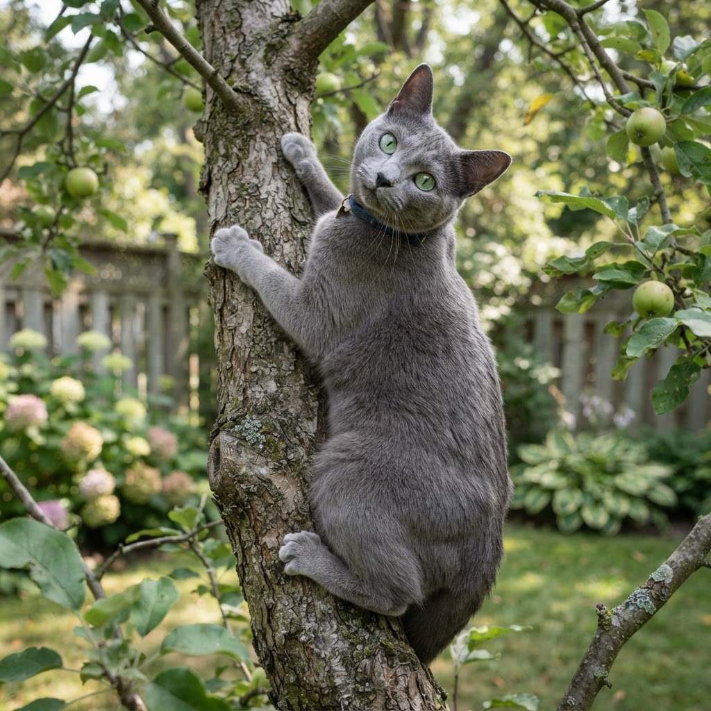 Climbing a small apple tree in the backyard