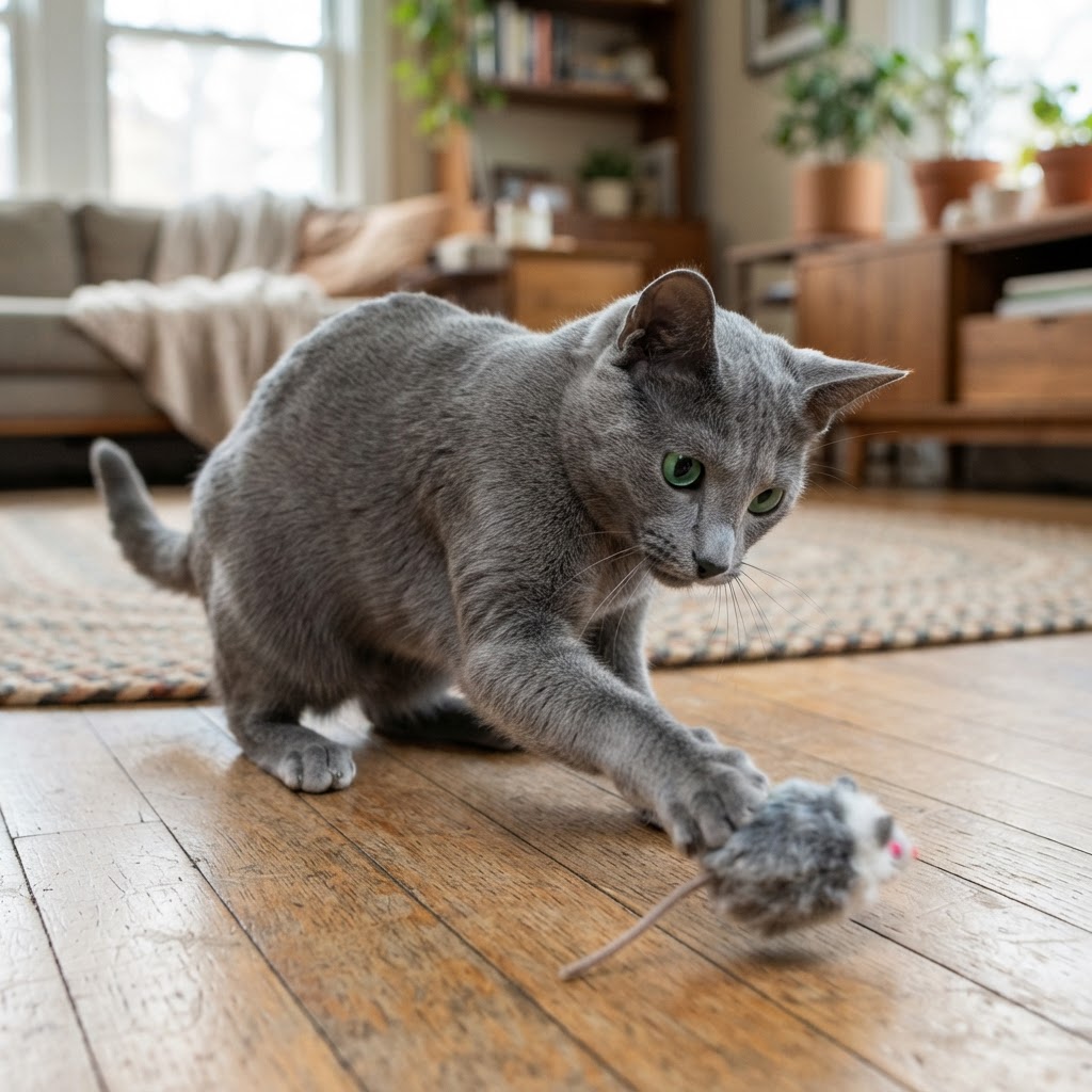 Batting at a small plush mouse toy on the floor