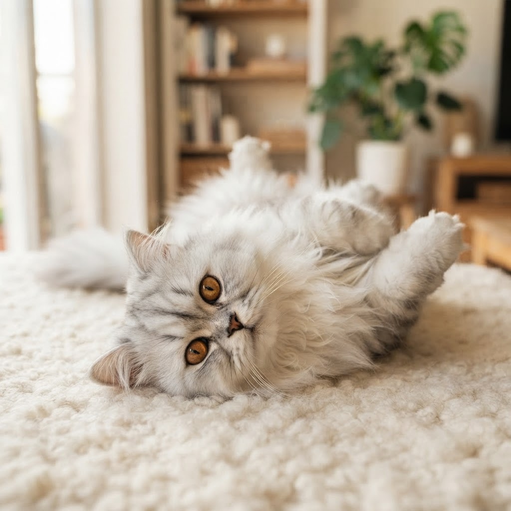 Lying on its back, belly up, totally relaxed