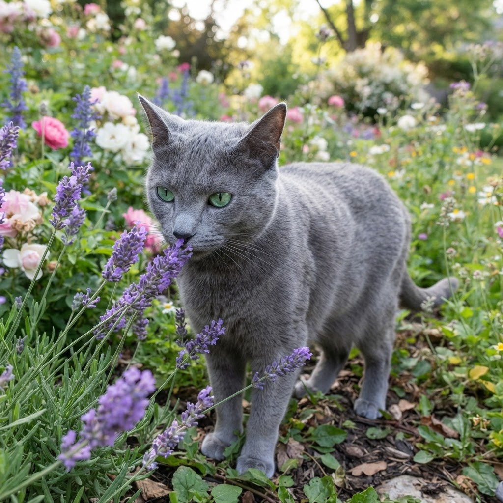 Sniffing lavender flowers in a garden bed