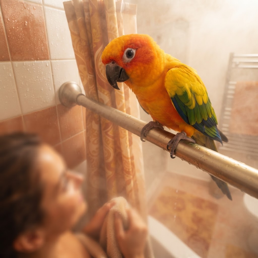 Perched on shower curtain rod watching owner