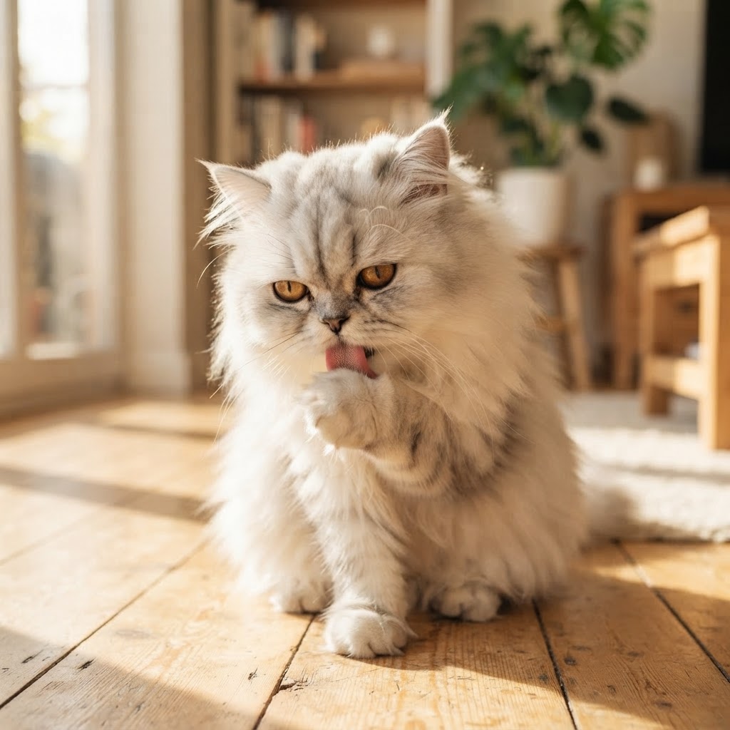 Grooming its paw in a sunny patch