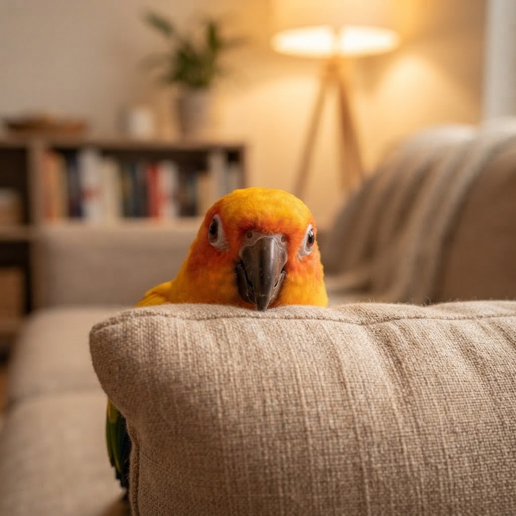 Playing peekaboo behind sofa cushion