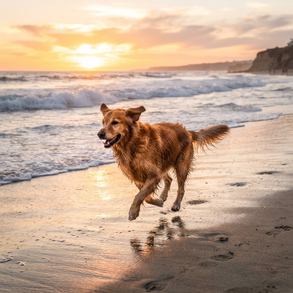 Golden Retriever - Running at Sunset