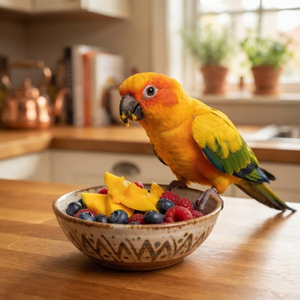 Eating fresh fruit from ceramic bowl