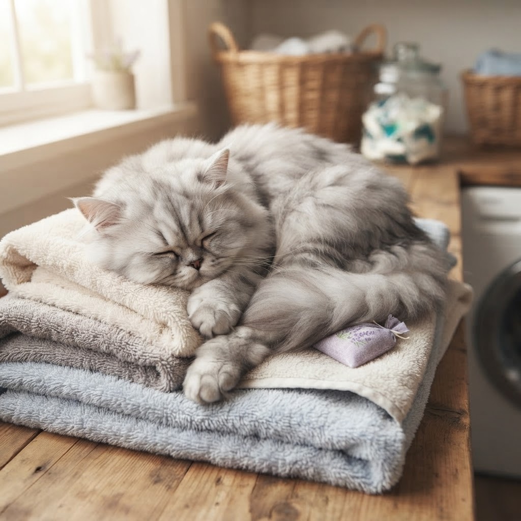 Asleep on a pile of folded soft towels