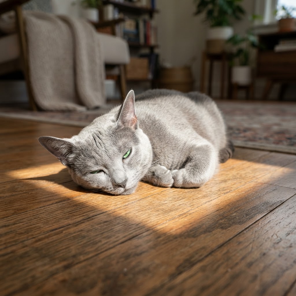 Napping in a square patch of sunlight on the floor