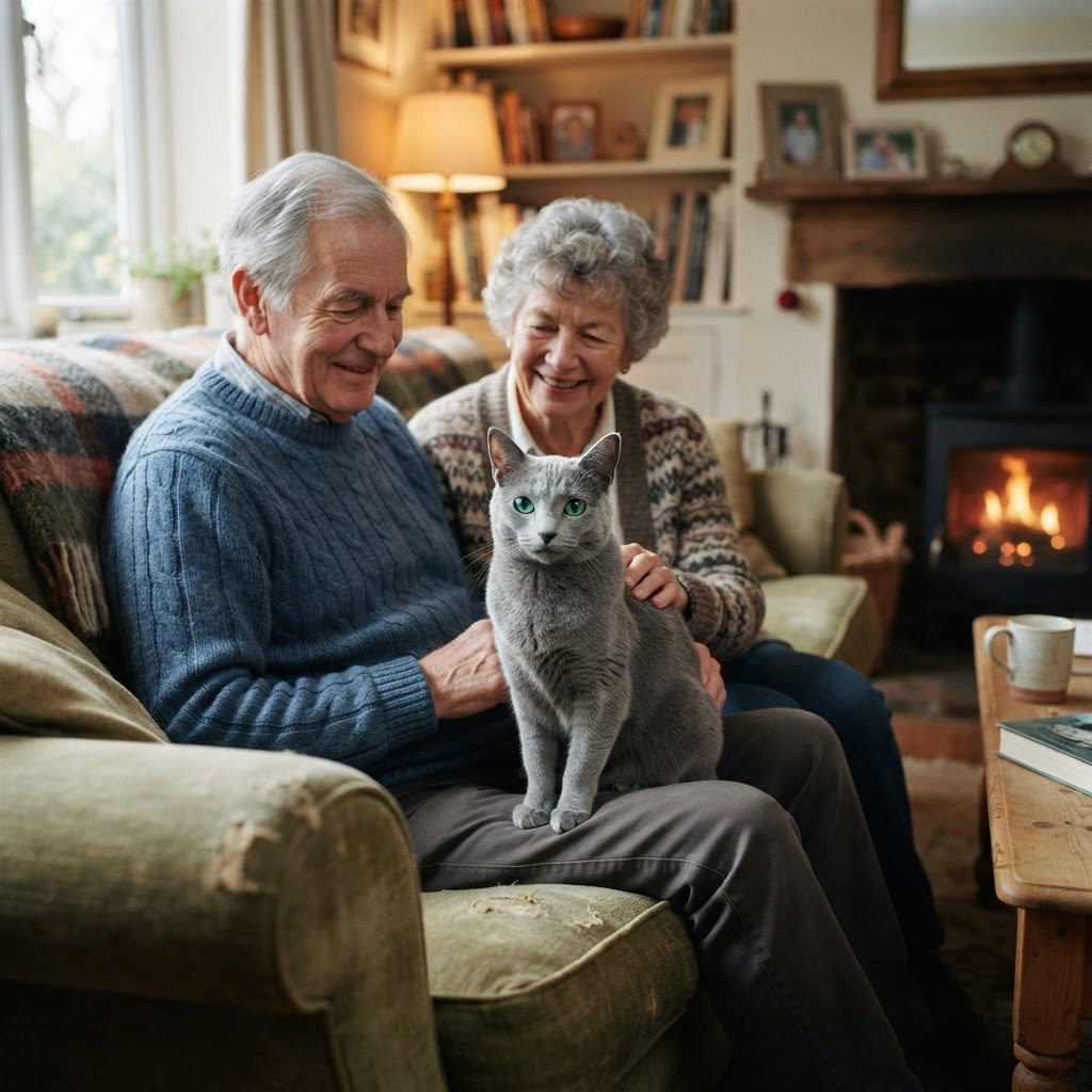 Sitting between an elderly couple on the couch