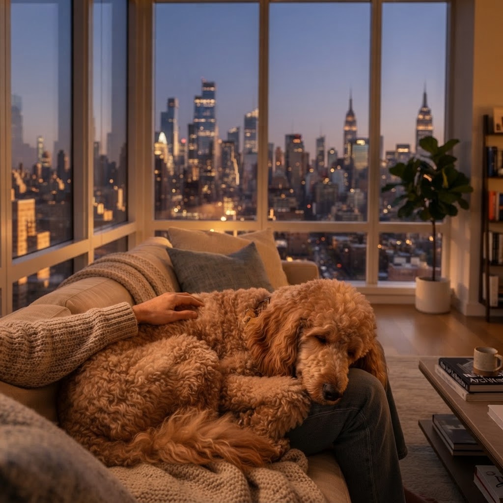 Standard Poodle - Cuddled on Couch at Dusk