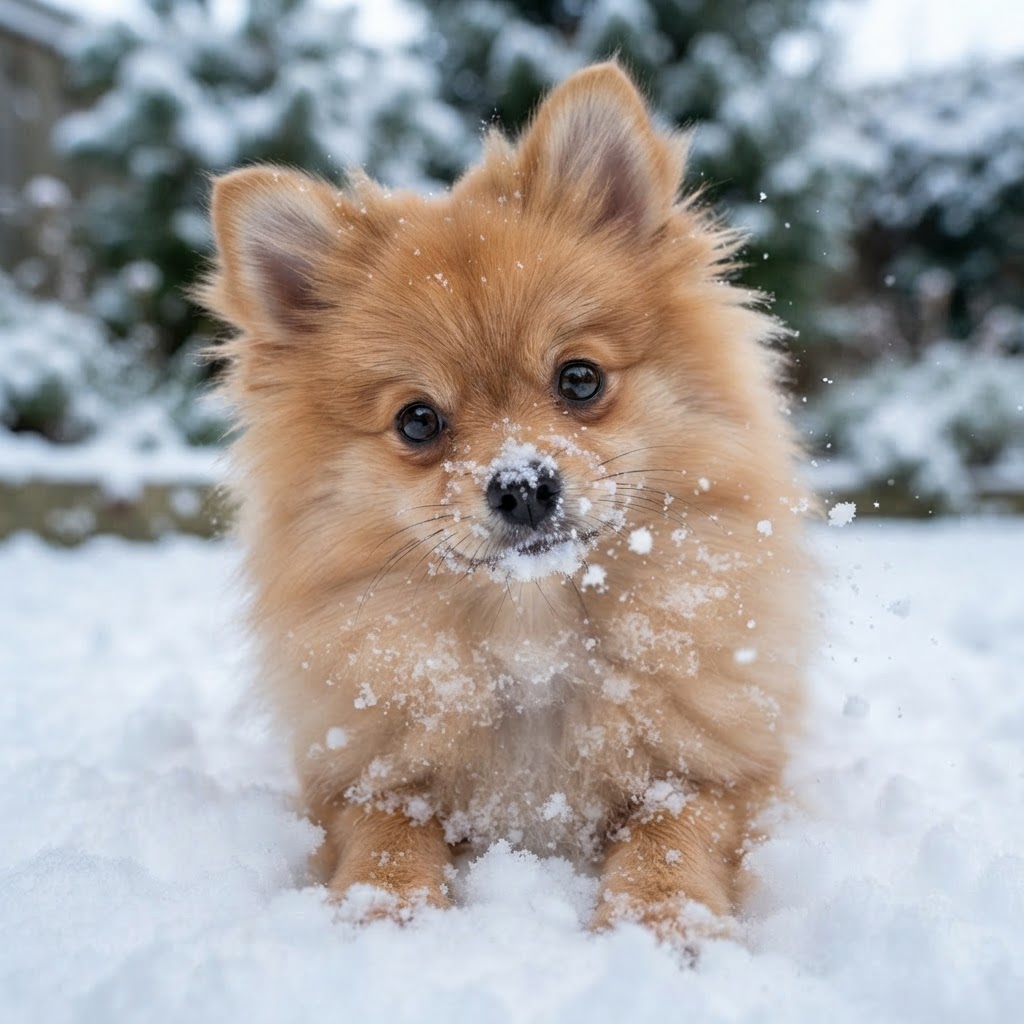 Snow on its nose, surprised and curious