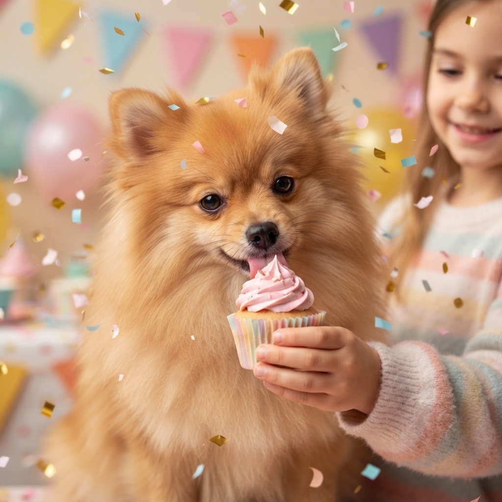 Licking frosting off a birthday cupcake, confetti falling