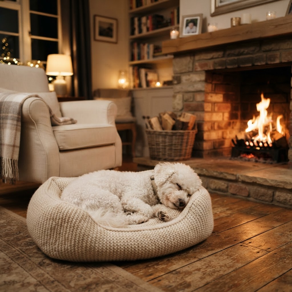 Bichon Frise - Sleeping by the Fireplace