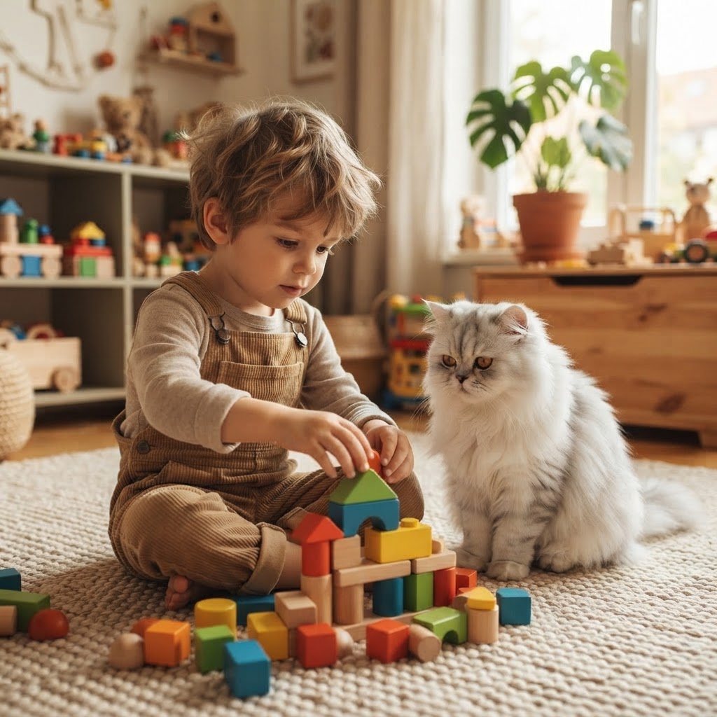 Sitting beside a boy playing with building blocks