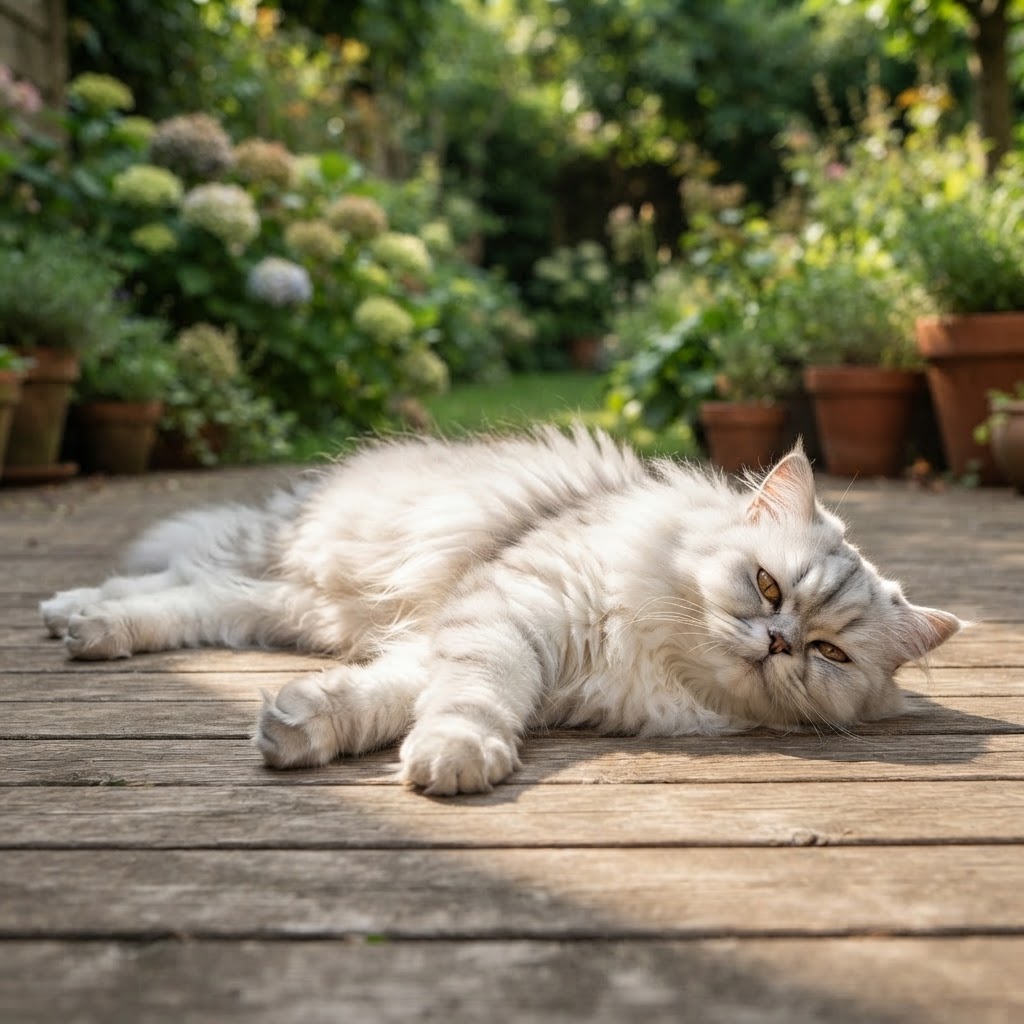 Sunbathing on a wooden patio deck