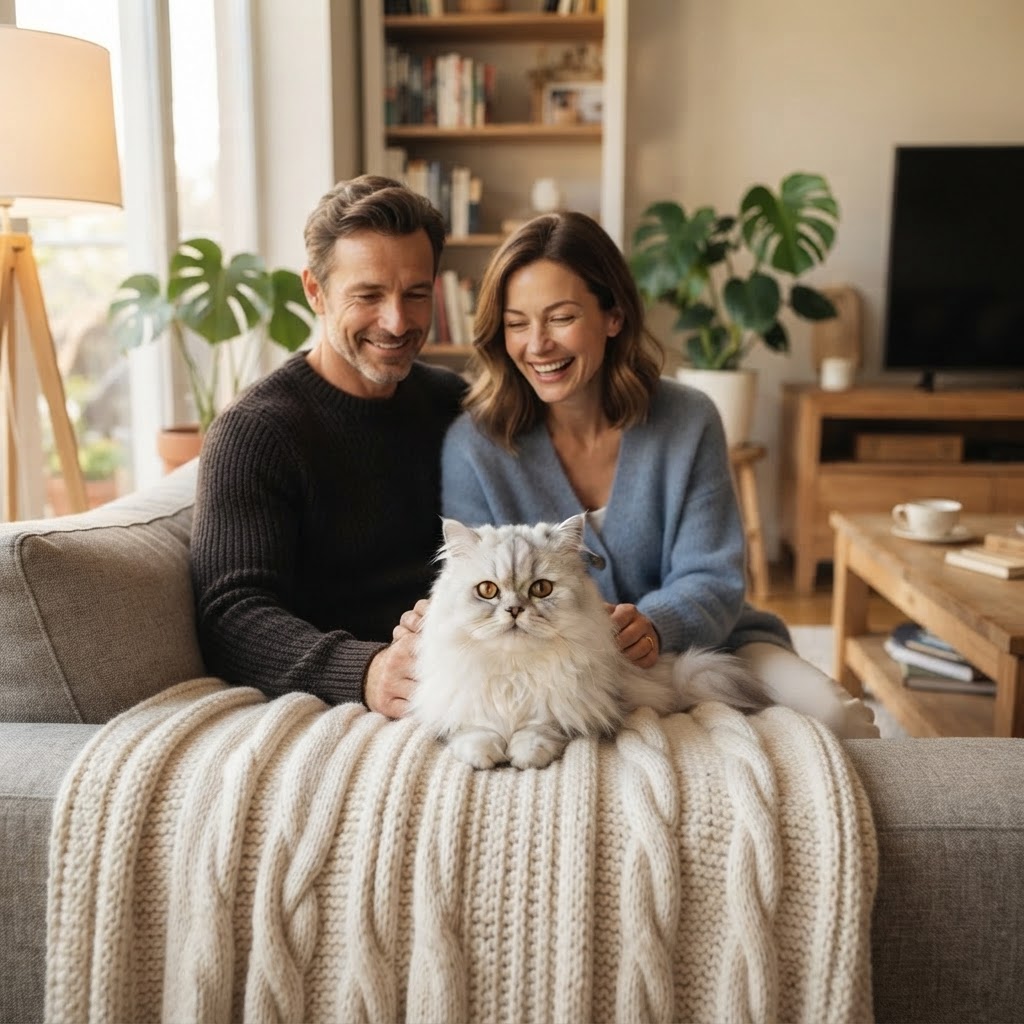 On the couch between a couple watching TV