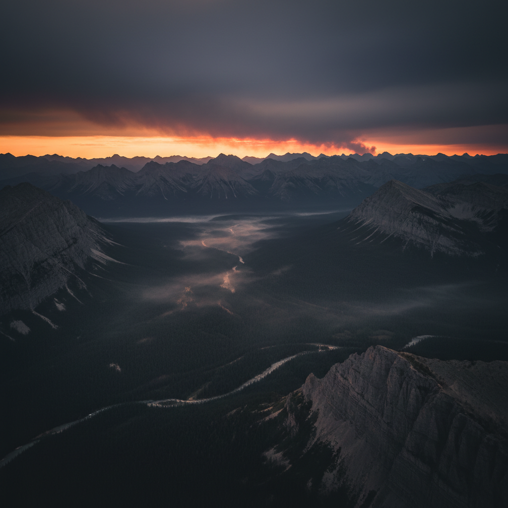 Illustrative mountain landscape at dusk with distant wildfire glow on the ridgeline — scene-setting artwork, not project photography