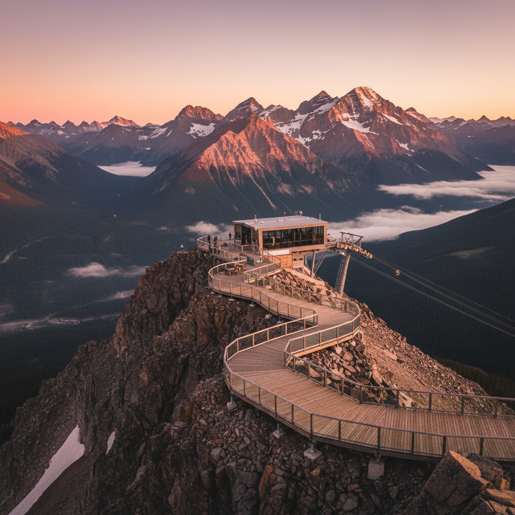 Illustrative alpine summit gondola environment at alpenglow — not project photography