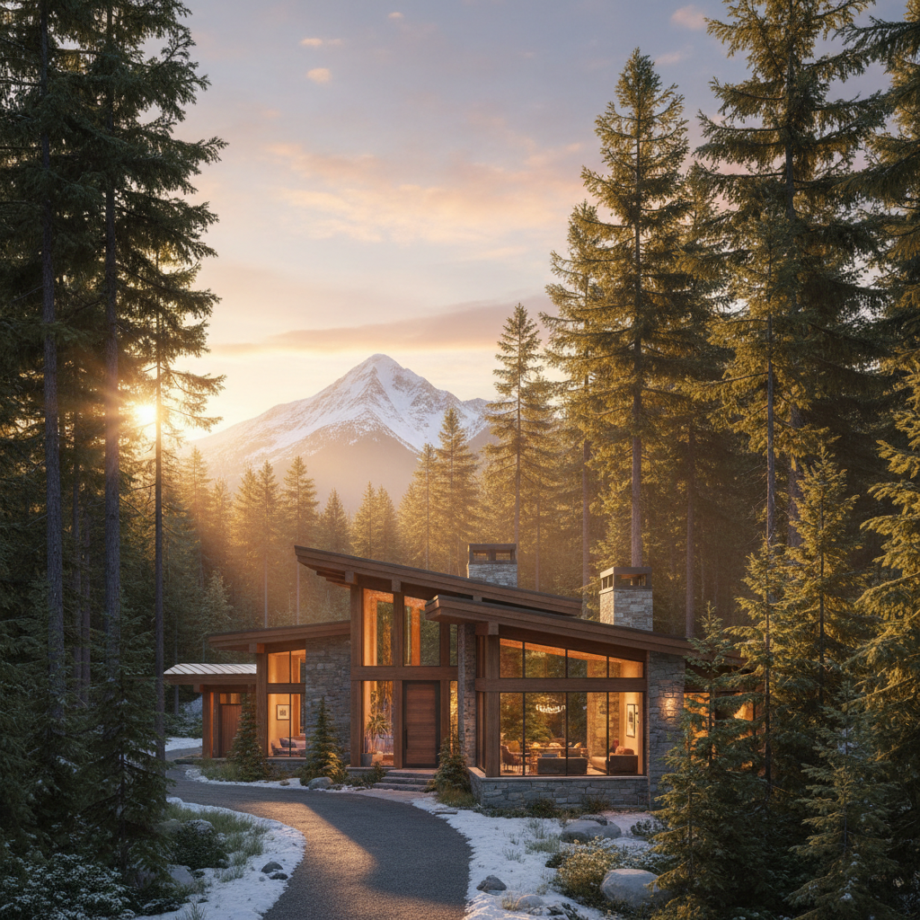 Illustrative forest-edge mountain residence environment at golden hour — not project photography
