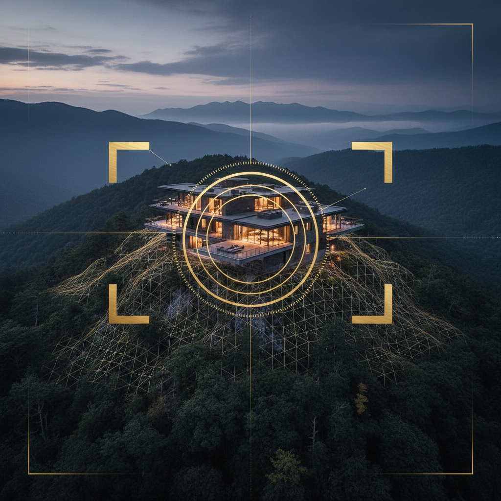 Concept visual: an aerial RiskVision scan of a forested property at dusk, rendered as a golden holographic grid