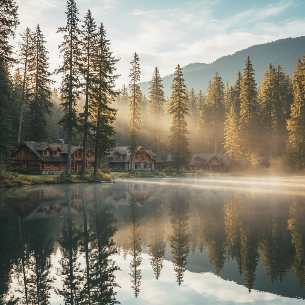 Illustrative lakeside forest campus environment at morning mist — not project photography