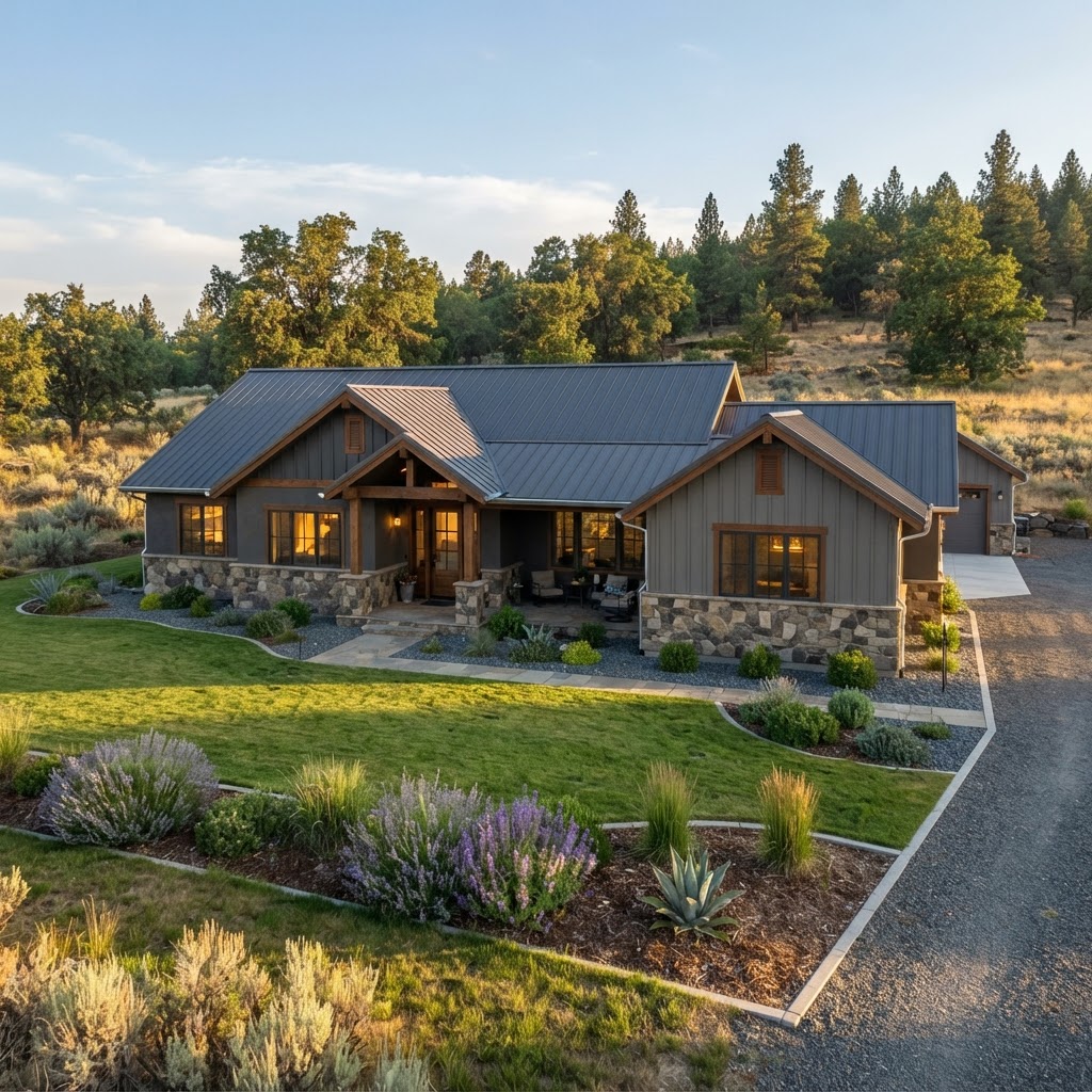 A hardened home with a metal roof, stone wall base and gravel foundation border, surrounded by attractive maintained landscaping