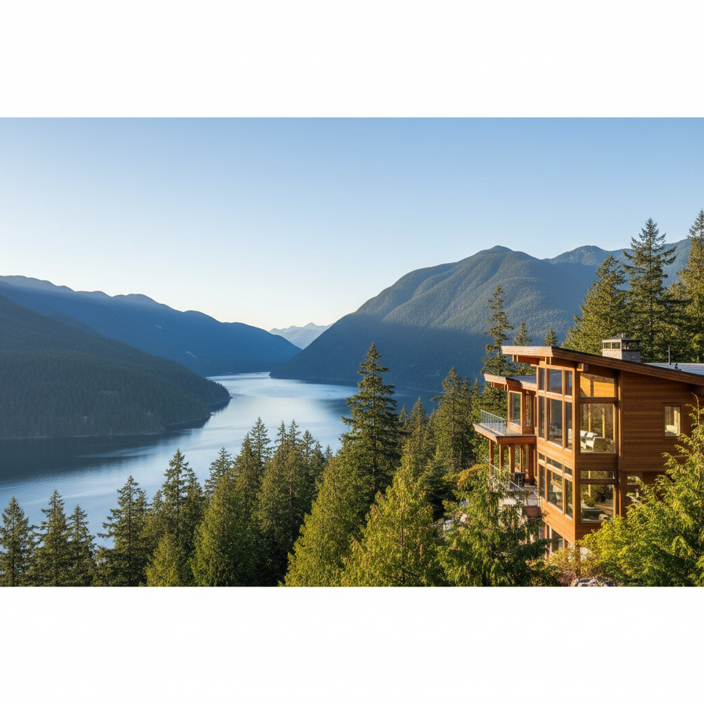 Premium cedar and glass mountain home overlooking a forested British Columbia fjord
