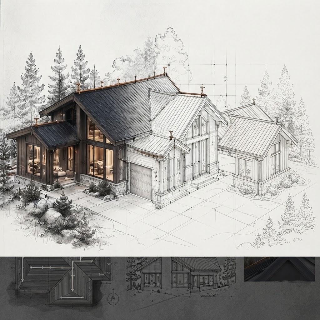 Conceptual architectural blueprint of a California woodland residence with copper roofline sprinklers