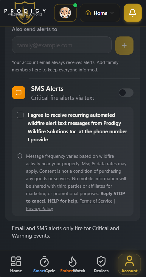 SMS Alerts opt-in screen within the Prodigy Wildfire app, showing the SMS Alerts toggle, unchecked consent checkbox, full consent disclosure with STOP/HELP keywords, and Terms of Service / Privacy Policy links