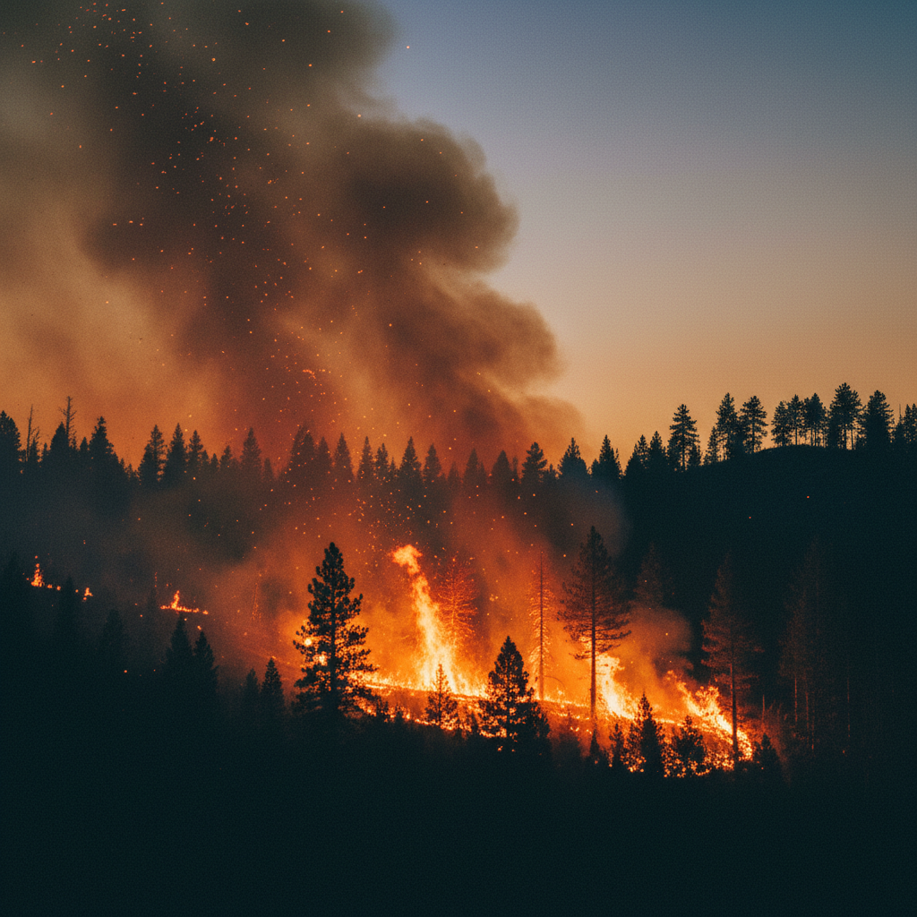 Wildfire glowing along a forested hillside at twilight