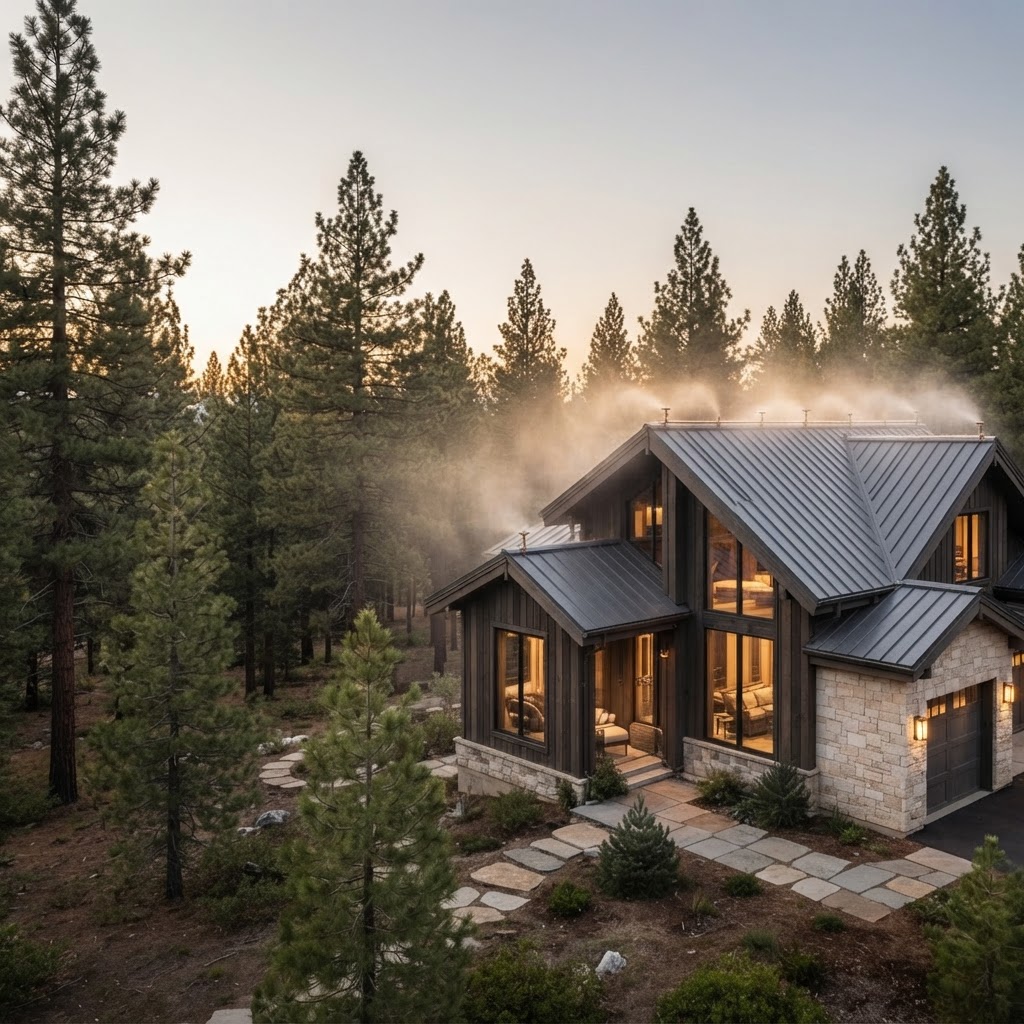 Illustrative full California woodland residence with fine mist above its roofline