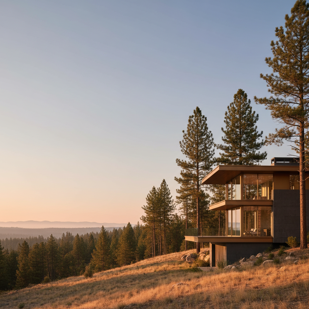 Luxury home at the forest edge during wildfire season, with subtle haze on the distant ridgeline
