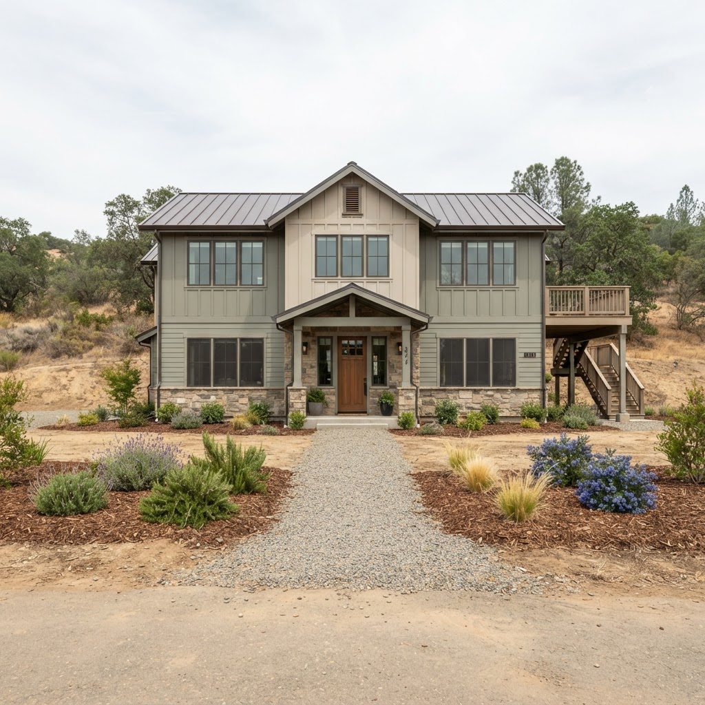Front elevation of a home in the wildland-urban interface with the five common ignition points marked