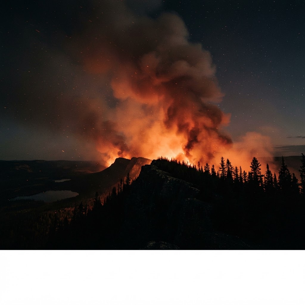 Wildfire burning through a Canadian boreal forest ridgeline at night