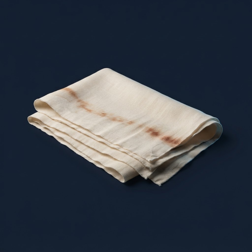 Folded ivory linen with muted reddish-brown stains, an artistic interpretation