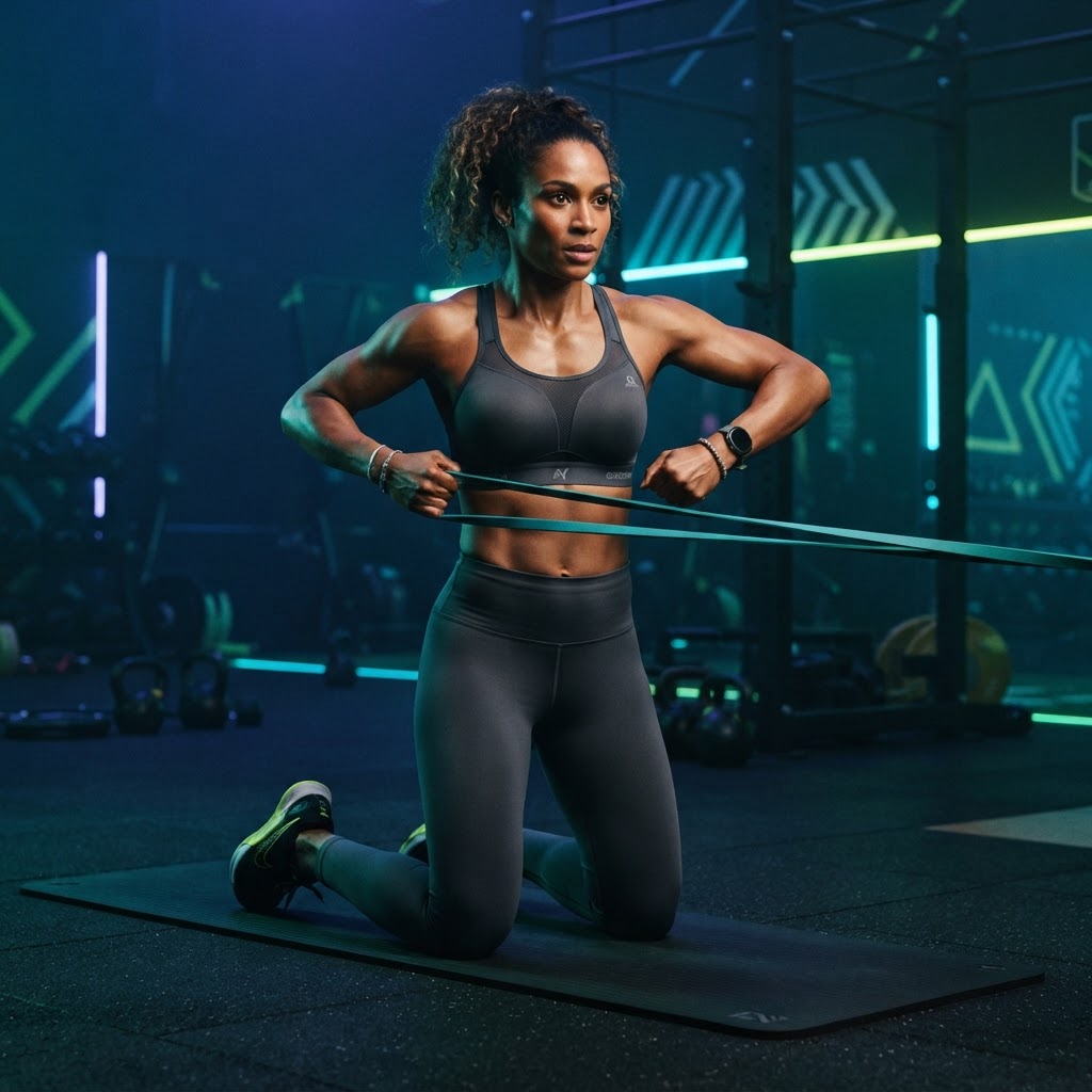 Athletic woman training with resistance bands