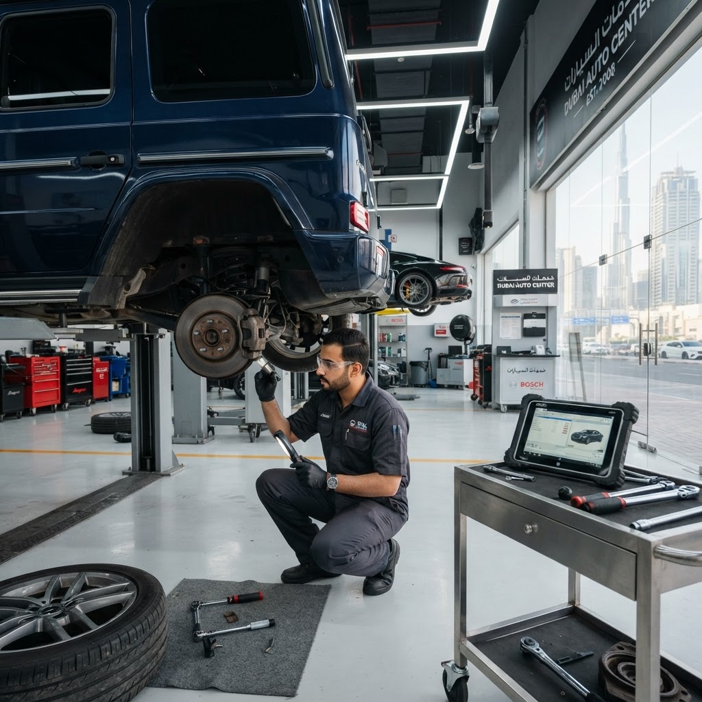 Technician inspecting brakes and wheel assembly during a major car service in Dubai — 800FixMyCar