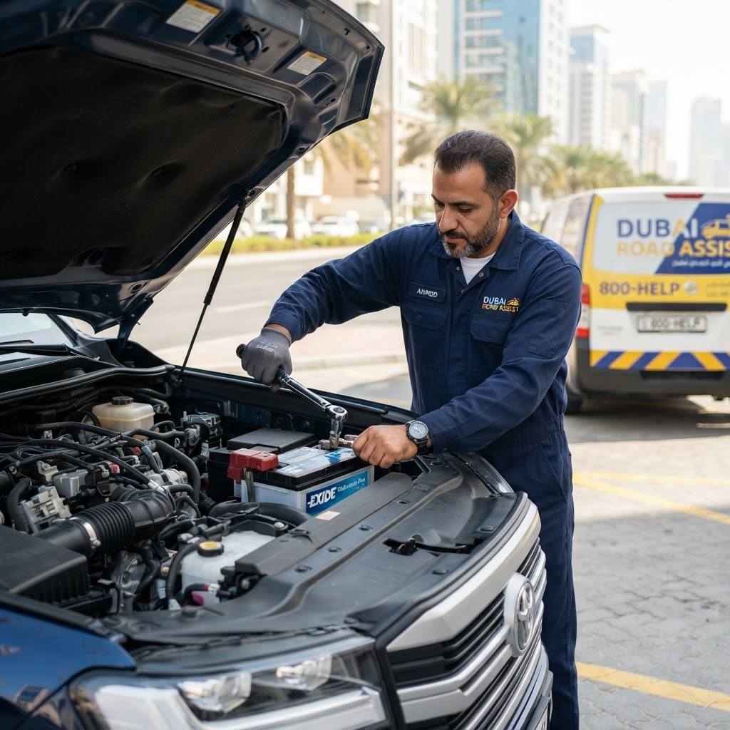 Technician installing a new car battery in Dubai — on-site mobile battery replacement by 800FixMyCar