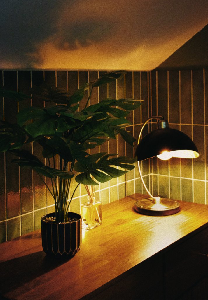 Bar counter with lamp and plants