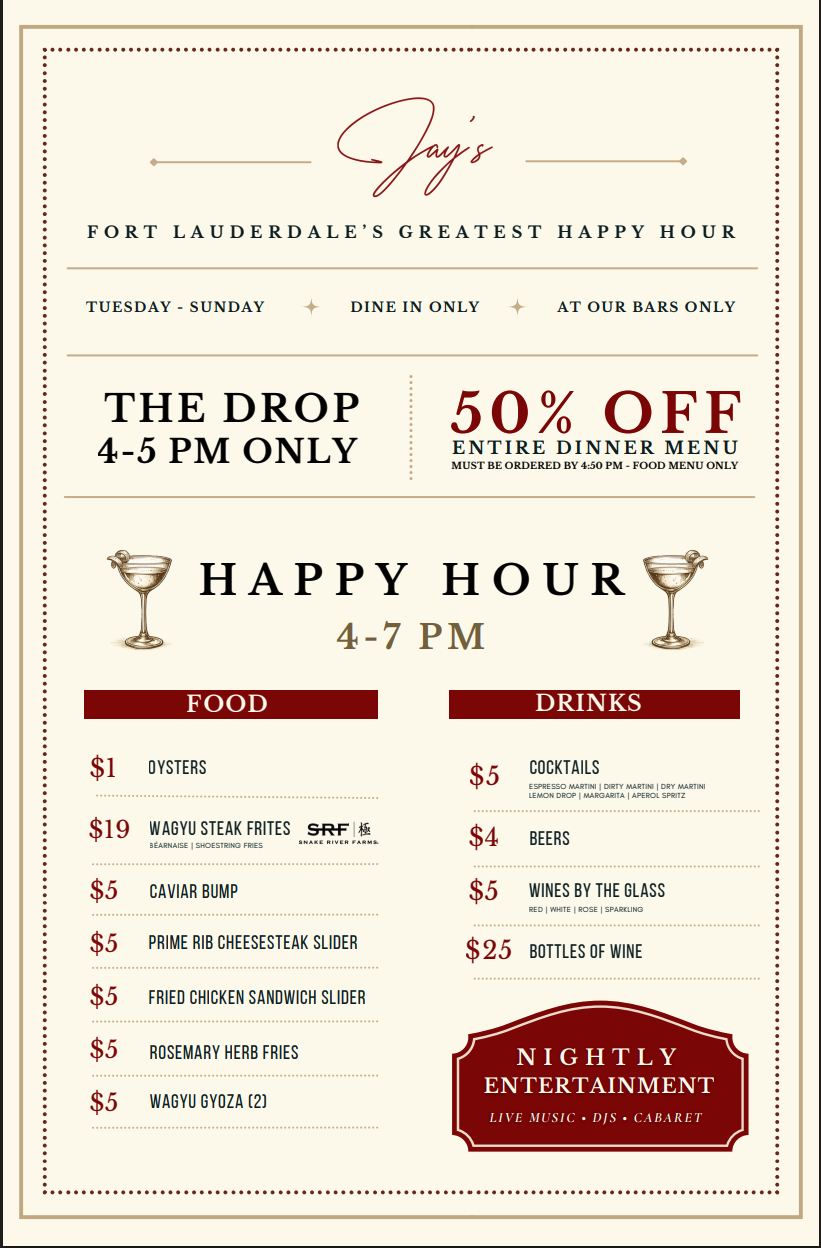 Jay's happy hour menu
