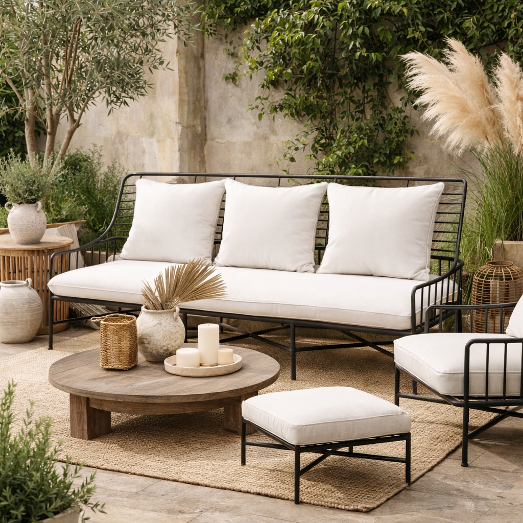 Premium outdoor lounge setting with iron frame sofa, white cushions, and round timber coffee table styled in a lush garden courtyard