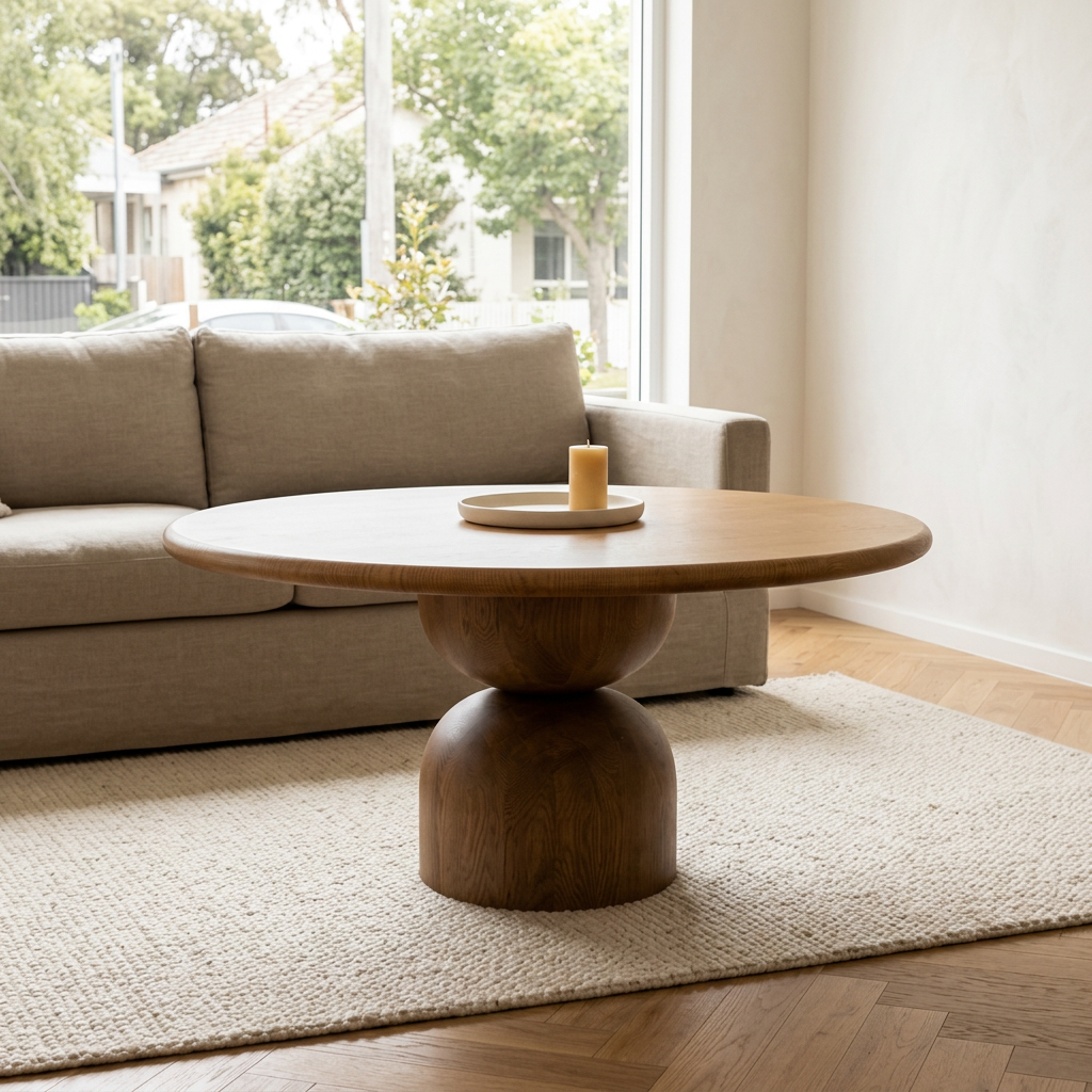 Round timber coffee table with two-tone hourglass pedestal base styled on a cream rug in a warm neutral living room