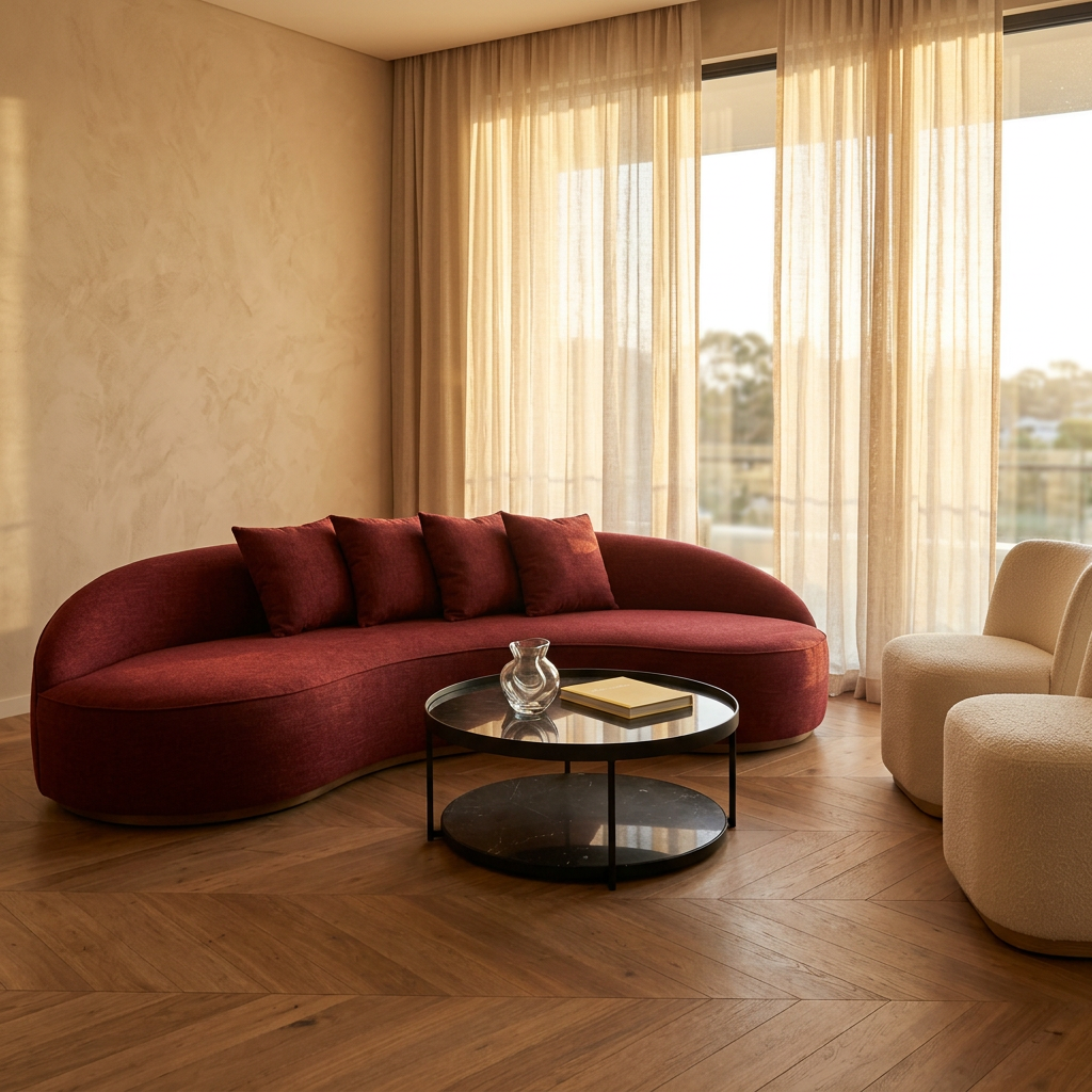 Curved burgundy sofa with deep red scatter cushions and round black coffee table in a warm premium living room