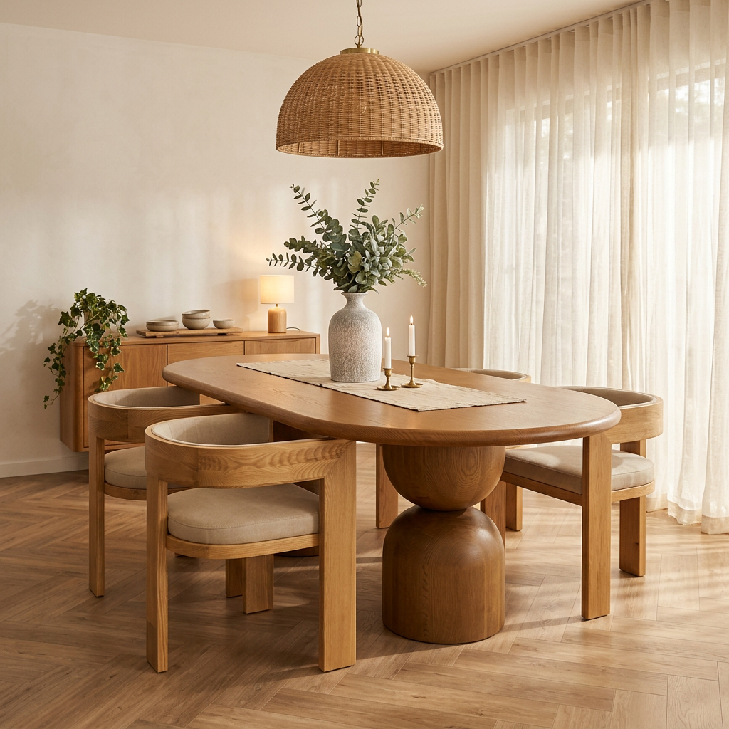 Oval oak dining table with hourglass pedestal bases and curved barrel oak dining chairs styled in a warm premium dining room with eucalyptus centrepiece