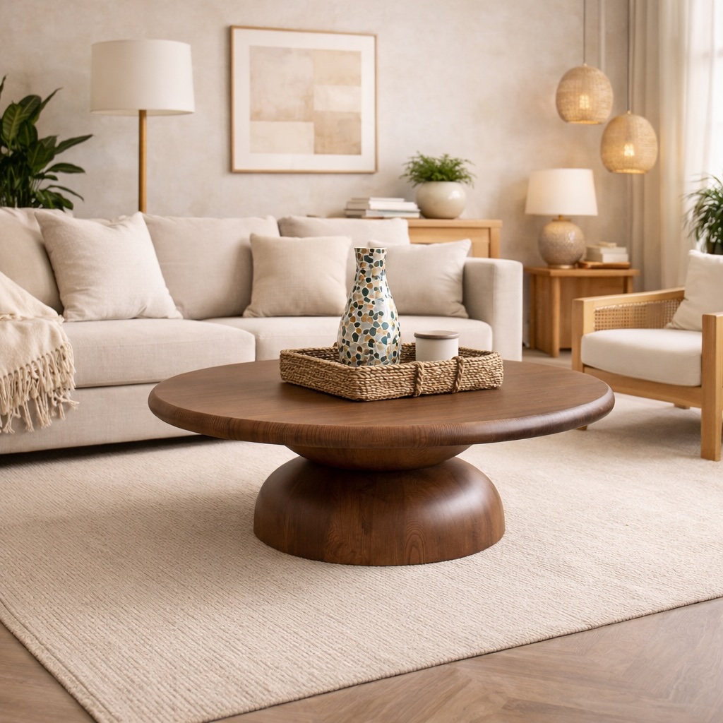 Round sculptural wood coffee table styled in a warm neutral living room with layered soft furnishings
