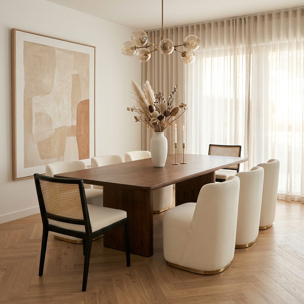 Premium dining room with dark walnut table, cream boucle barrel chairs, rattan dining chairs, and linen curtains