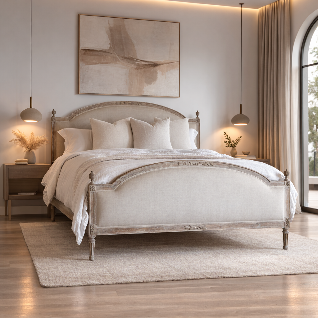 Elegant upholstered bed with carved timber detail in a calm neutral bedroom with pendant lighting and abstract artwork
