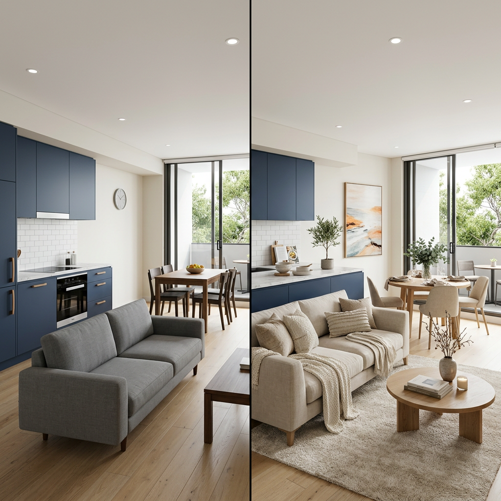 Before and after view of the same open plan interior enhanced through furnishing, decor and professional styling