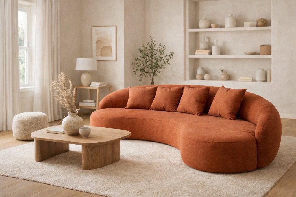 Curved terracotta sofa styled in a warm contemporary living space with timber coffee table and natural decor